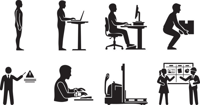 Workplace safety and office ergonomics black silhouette vector icon set for occupational health training