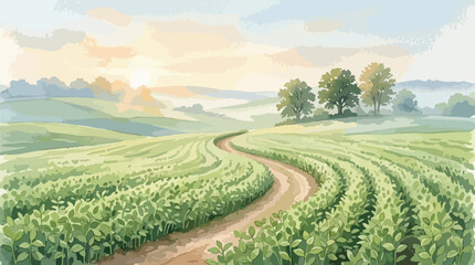 Naklejka premium Peaceful Morning Scene in a Lush Countryside with Verdant Hills and a Dirt Road Under a Soft Glowing Sky
