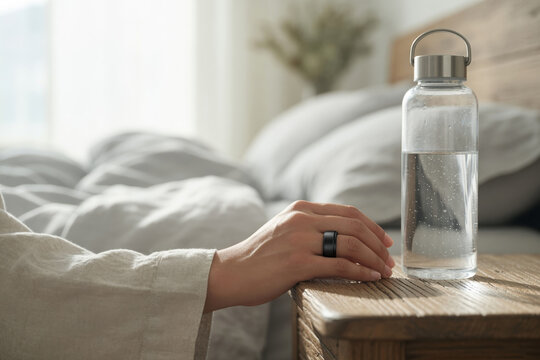 Cozy bedroom morning hand water bottle wood table sunlight minimal relaxation hydration comfort lifestyle bed blanket pillow glass metal lid loop handle condensation wellness indoor home casual