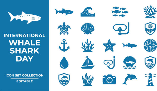 International whale shark day icon set for marine conservation
