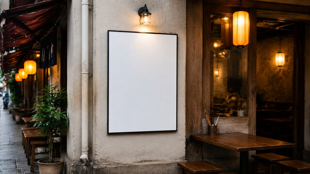 Blank vertical poster mockup for small neighborhood restaurant menu promotion on exterior textured wall with warm lantern light and copy space