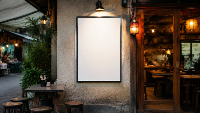 Blank vertical poster mockup for small neighborhood restaurant menu promotion on exterior textured wall with warm lantern light and copy space