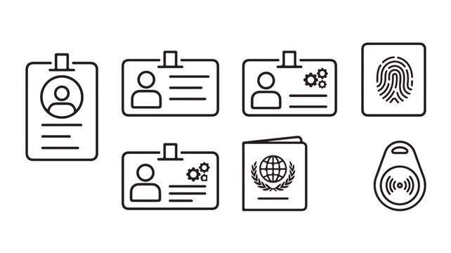 Identity verification icons, user authentication symbols, id badge, fingerprint, login, security, credentials, 8 icons