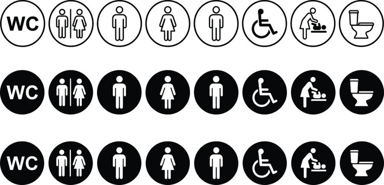 Restroom sign icons set, public toilet symbols for male female and disabled access, 24 circular bathroom wayfinding pictograms in EPS format