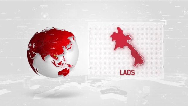 Laos 4K Tech Map Beside Globe On White Background.
