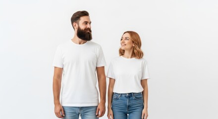 Fototapeta premium Happy Young Couple in Blank White T-Shirts and Jeans Looking at Each Other Isolated on White Background
