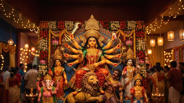 Vibrant durga puja celebration with goddess durga idol and devotees