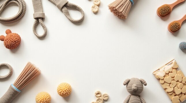 Accesorios para mascotas, incluyendo correa, collar, cepillo de aseo, juguetes y premios