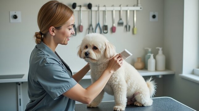 Peluquero canino profesional cepillando cuidadosamente a un perro de pelaje esponjoso sobre una mesa de peluquer&iacute;a