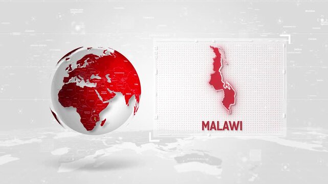 Malawi 4K Tech Map Beside Globe On White Background.
