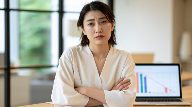 Worried Japanese businesswoman sitting with crossed arms in front of laptop showing declining graph