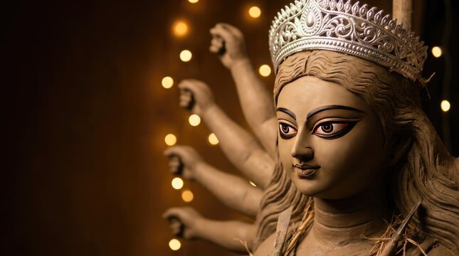 Durga puja idol close up with golden lights goddess durga worship and celebration