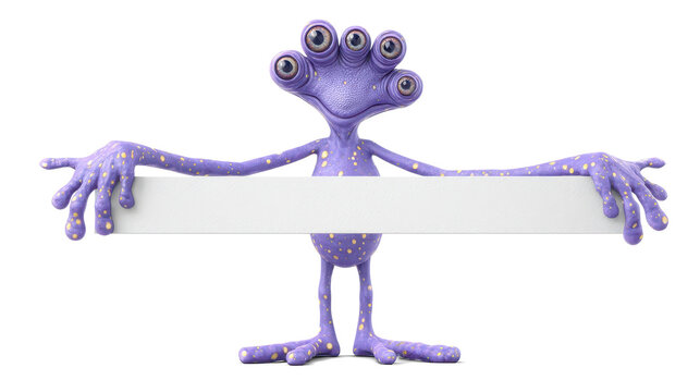 Vibrant violet bean-shaped alien cartoon character holding banner