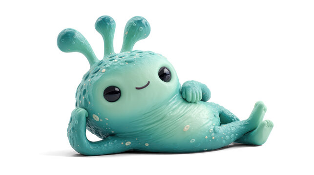 relaxed cartoon-style seafoam green alien lying on its back, hands behind its head