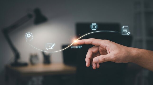 AI Skills Gap & Workforce Reskilling - A hand interacts with an AI fluency point on a minimal interface, connecting human judgment, prompts, artificial intelligence, and workplace tasks.