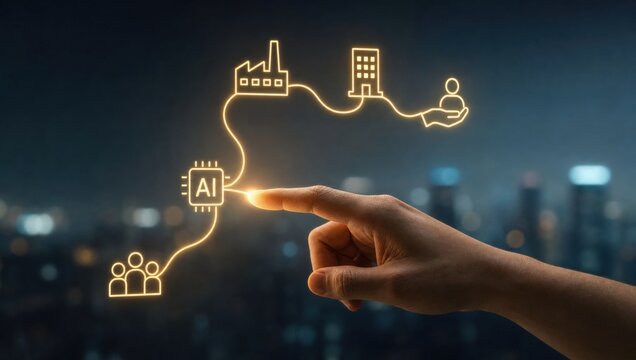 AI Skills Gap & Workforce Reskilling - A hand traces a glowing path connecting icons for workforce, AI, factory, office, and services, symbolizing reskilling as core economic infrastructure.