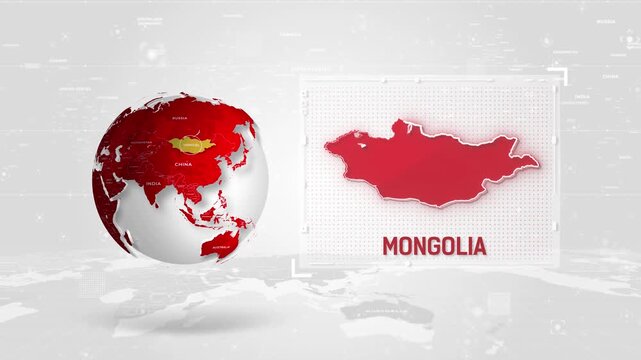 Mongolia 4K Tech Map Beside Globe On White Background.