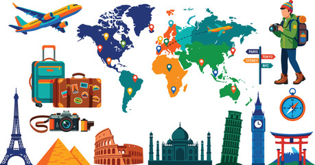 Fototapeta premium Global Travel and Tourism Vector Set with World Map, Airplane, Backpacker, Luggage, and Famous International Landmarks for Vacation Planning Designs