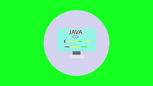 Illustration of a computer running a Java coding program. Animation featuring a simple coding symbol concept.