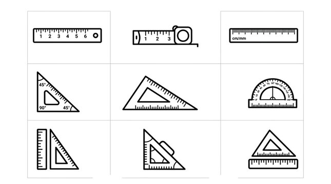 Set of Geometric Measurement Tools Icons: Rulers, Triangles, Protractor