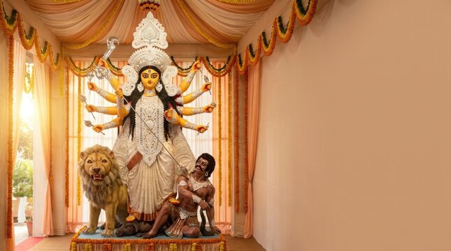 Durga puja festival goddess durga statue with lion and mahishasura