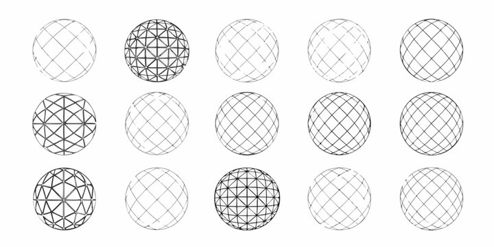collection of 3d wireframe sphere grids in various patterns on white background grid pattern three dimensional geometric structure mesh design modeling architecture