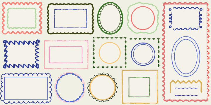 collection of colorful hand drawn frames on light background rectangular frame oval zigzag border dotted line scalloped edge vector illustration pattern