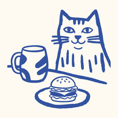 Cat with coffee cup and hamburger on plate Vector, illustration © Jrdesign0