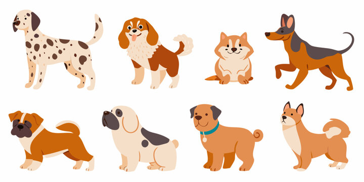 cute cartoon dog breeds collection in flat vector style on white background dogs illustration canine puppy dalmatian beagle shiba inu boxer