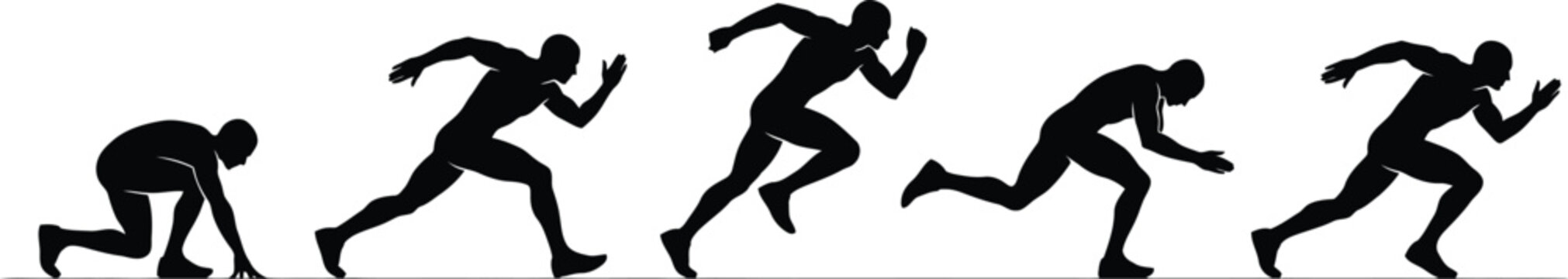 Silhouette sprinters starting sprint race motion sequence showing speed acceleration track and field athletes running competitive sports concept isolated background