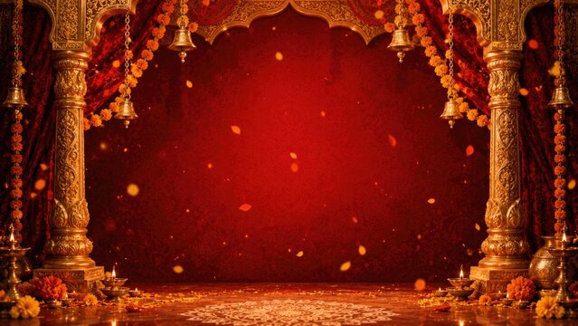 Festive durga puja backdrop ornate red and gold gateway with marigolds and traditional lamps