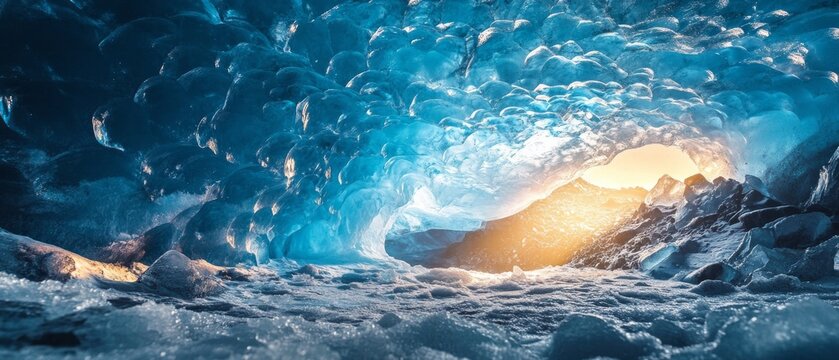Sunlight pierces a crystalline ice cave, illuminating the frozen blue interior and serving as a dramatic background for environmental awareness.