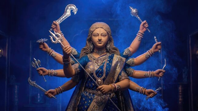 Durga puja festival a majestic idol of goddess durga with multiple arms and ornate jewelry