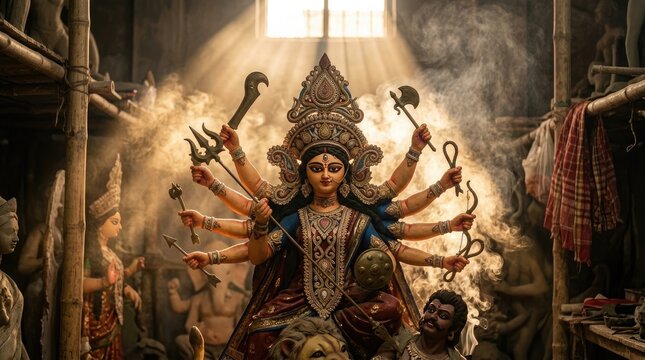 Durga puja idol creation artisanal clay sculpture of goddess durga in workshop setting