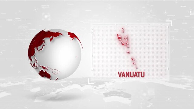 Vanuatu 4K Tech Map Beside Globe On White Background.