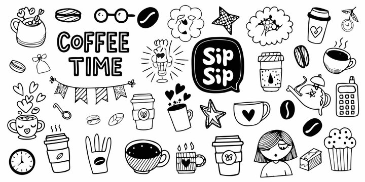 coffee themed doodle collection in playful black and white style cup bean clock heart star glasses teapot cake speech bubble line