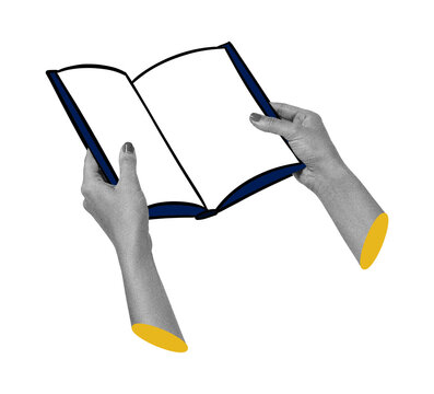 Hands holding open blank book in hand drawn collage style isolated on transparent background. Concept of storytelling, creative writing, imagination, knowledge, and endless possibilities