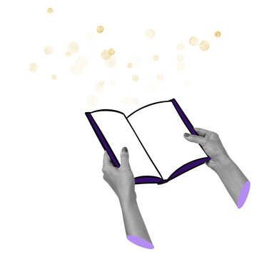 Hands holding open blank magic book with golden fairy dust in whimsical hand drawn collage style. Concept of storytelling, imagination, wonder, fantasy