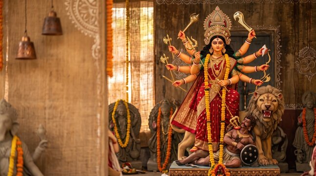 Durga puja festival a stunning idol of goddess durga with multiple arms and lion vehicle
