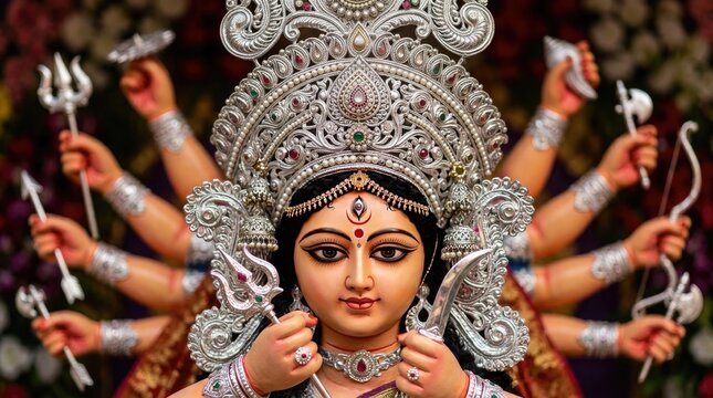 Intricate durga puja idol close up silver crown multiple arms and divine facial expression