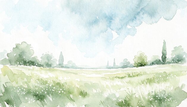 Minimal watercolor Landscape with a grassy meadow and distant trees. Illustration with grass and sky in soft greens and blues colors. Panorama with calm countryside view, perfect for seasonal design.