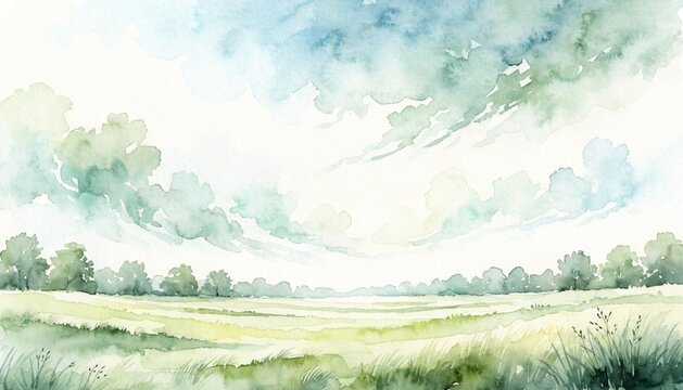 Minimal watercolor Landscape with a grassy meadow and distant trees. Illustration with grass and sky in soft greens and blues colors. Panorama with calm countryside view, perfect for seasonal design.