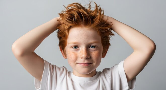 Portrait of a Playful Young Boy with Vibrant Red Hair and Freckles Messing Up His Hair on a Neutral Background