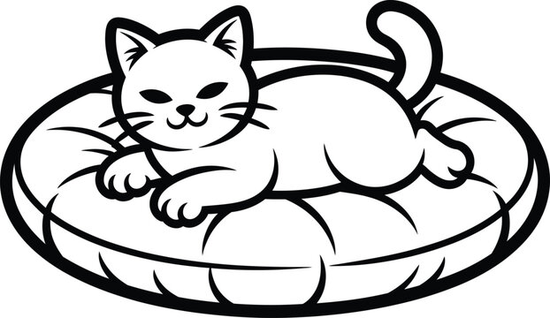 Cute cartoon kitten resting on a round padded pillow outline drawing