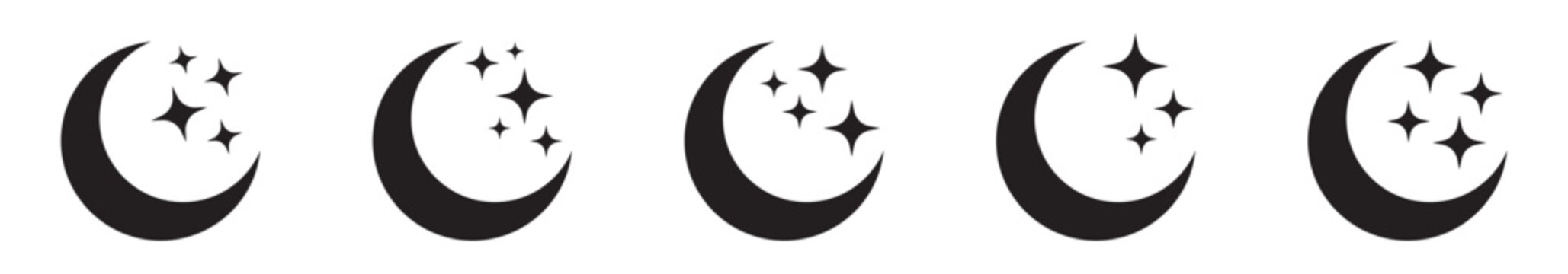 Crescent moon and stars icon set. Black silhouette of half moon with sparkles, night time and dark mode simple symbol