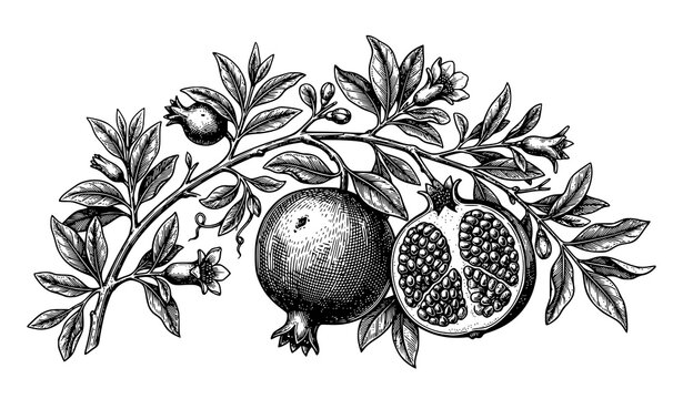 Antique Botanical Pomegranate with Leaves Engraving Vector Illustration