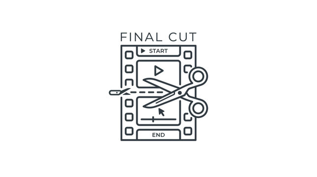 Video Editing Concept: Scissors Cutting Film Strip with Playback Controls