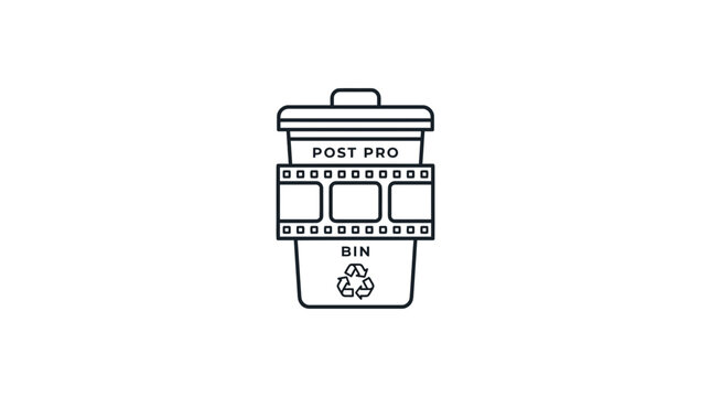 Post Production Trash Bin with Film Reel Icon and Recycle Symbol - Line Art