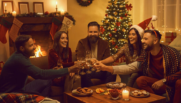 Christmas holiday family friends celebration party living room fireplace christmas tree gift Festive holiday family friends celebration around fireplace sharing toast joyfully cozy living room