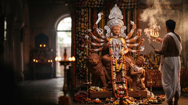 Traditional durga puja celebration priest performing aarti to goddess durga idol with floral decorations